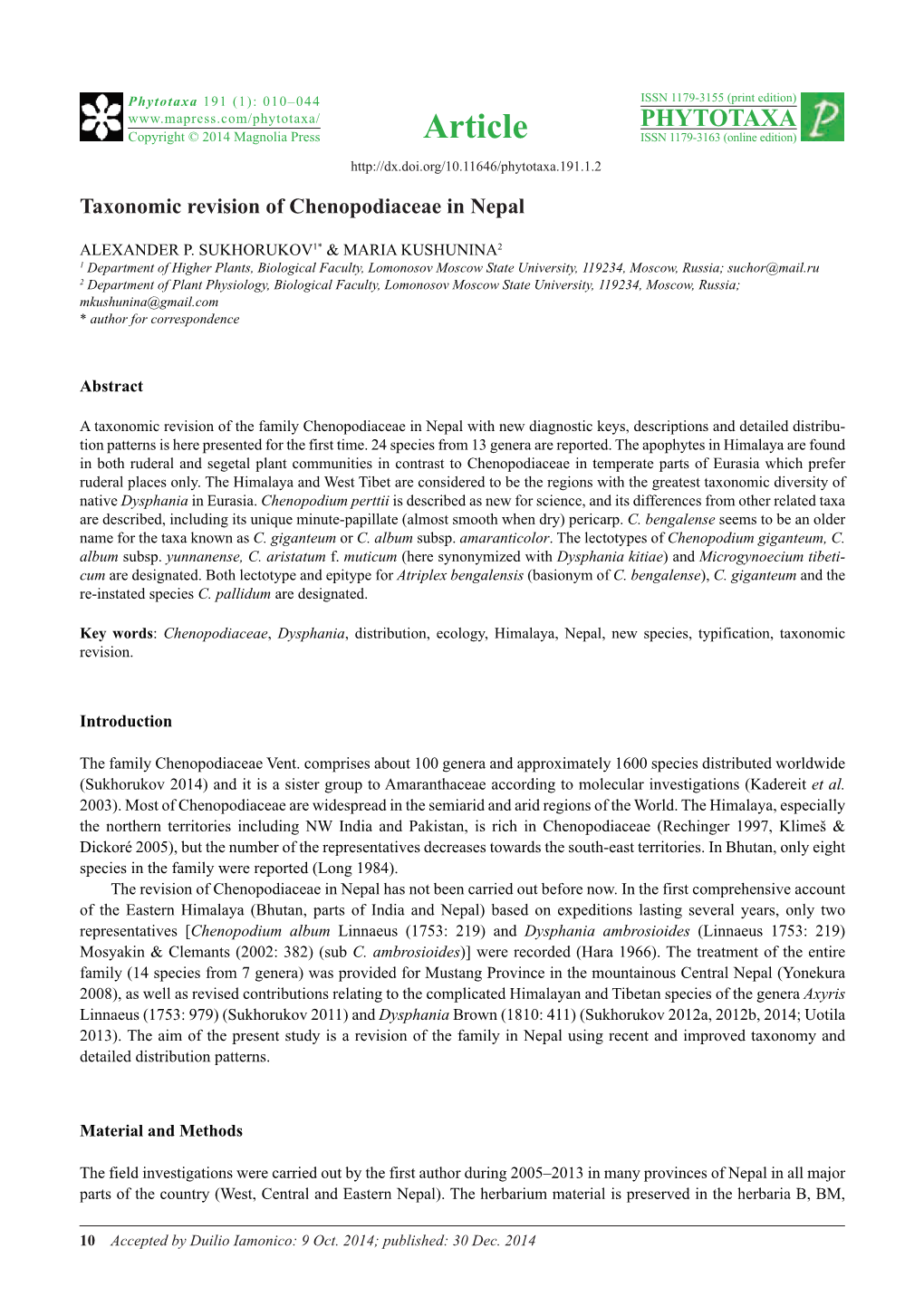 Taxonomic Revision of Chenopodiaceae in Nepal