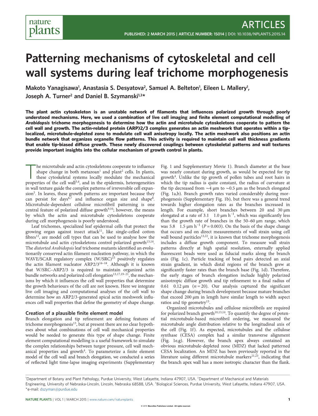 Patterning Mechanisms of Cytoskeletal and Cell Wall Systems During Leaf Trichome Morphogenesis Makoto Yanagisawa1, Anastasia S