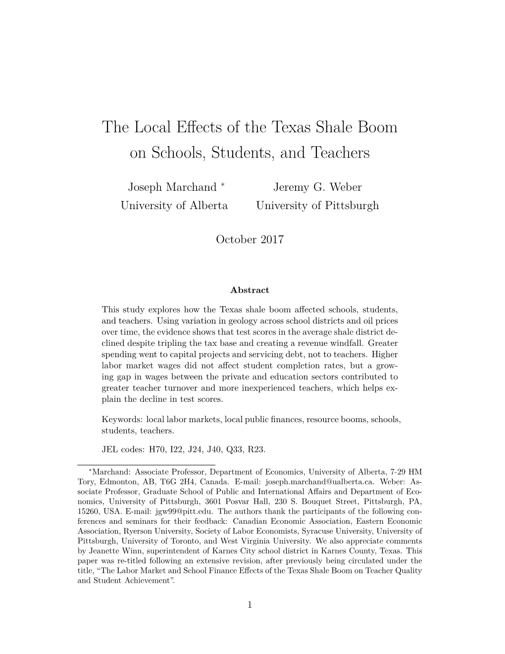 The Local Effects of the Texas Shale Boom on Schools, Students, and Teachers