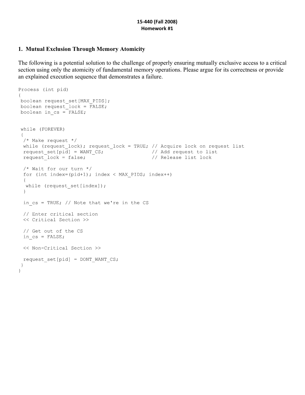 1. Mutual Exclusion Through Memory Atomicity