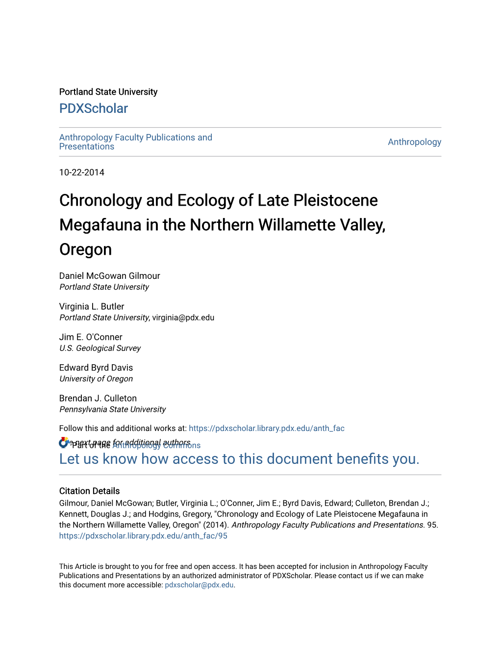 Chronology and Ecology of Late Pleistocene Megafauna in the Northern Willamette Valley, Oregon