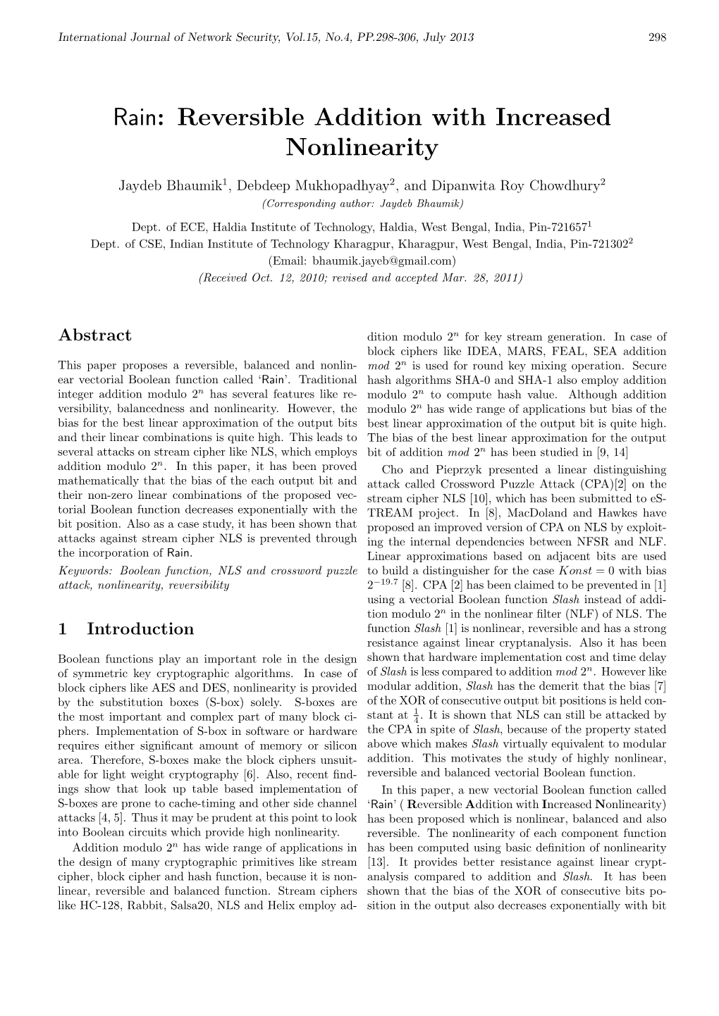 Rain: Reversible Addition with Increased Nonlinearity