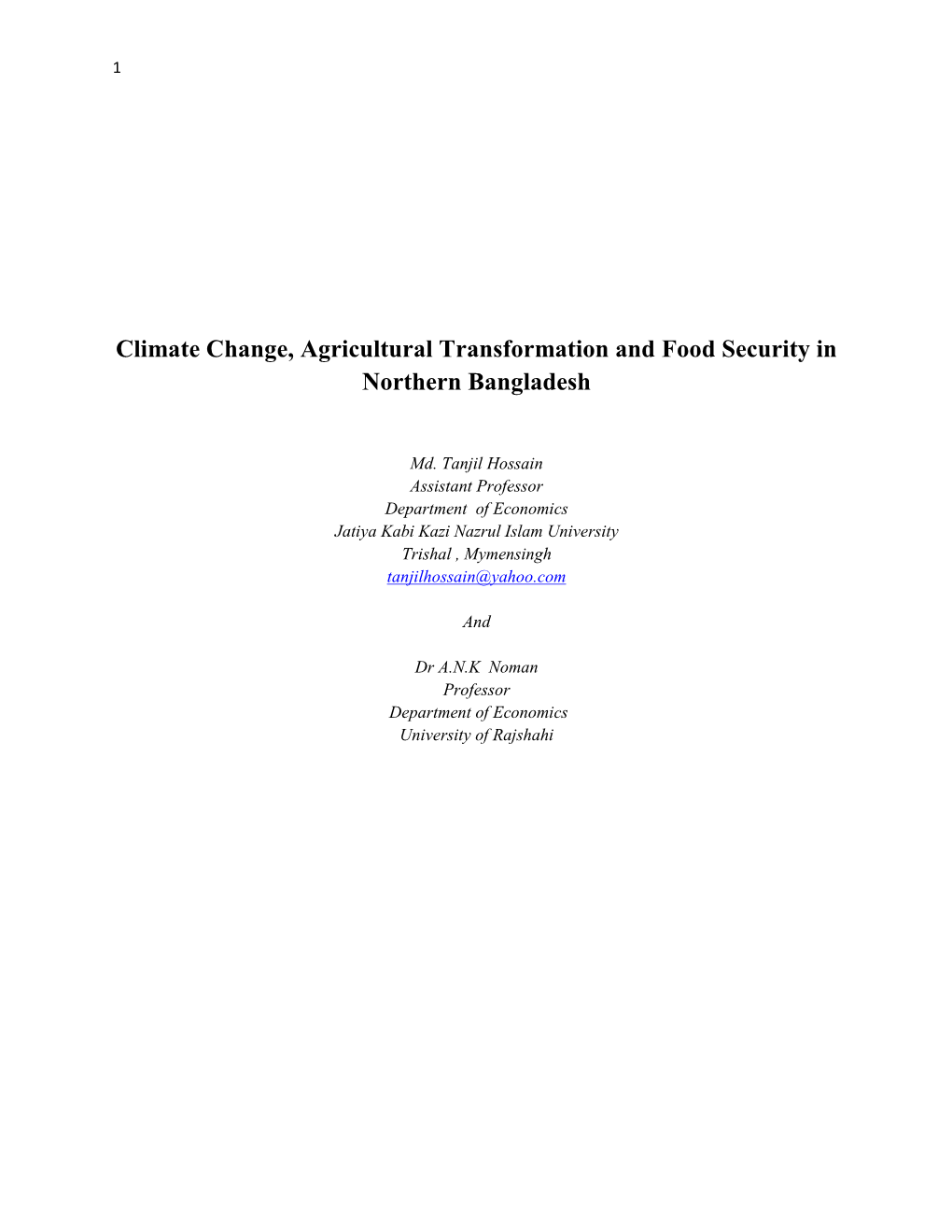 Climate Change, Agricultural Transformation and Food Security in Northern Bangladesh