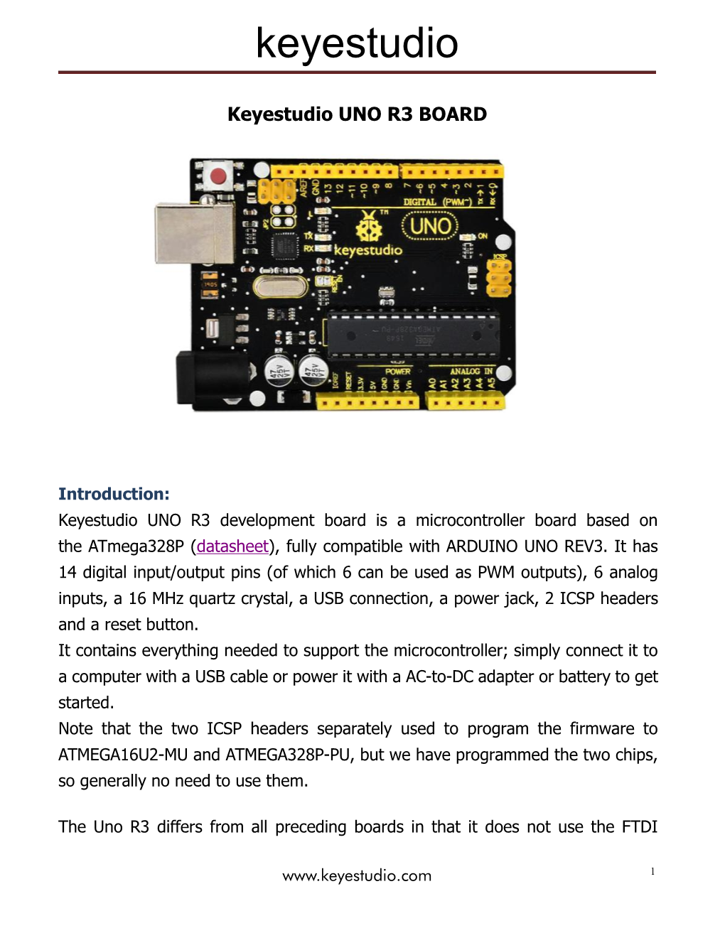 Keyestudio Uno R3 Development Board Datasheet