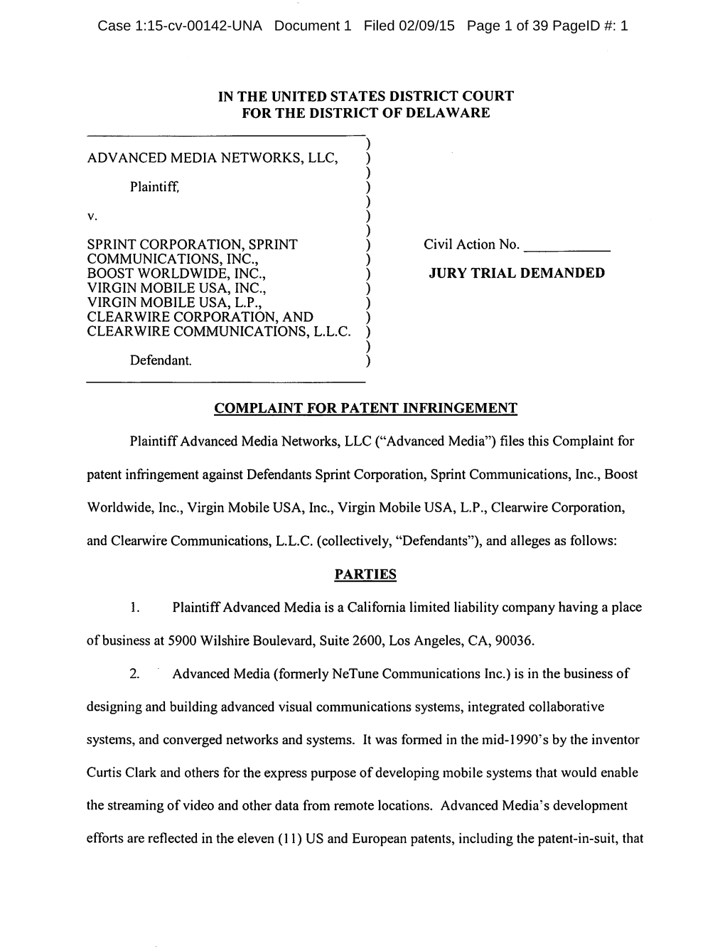 Case 1:15-Cv-00142-UNA Document 1 Filed 02/09/15 Page 1 of 39 Pageid #: 1