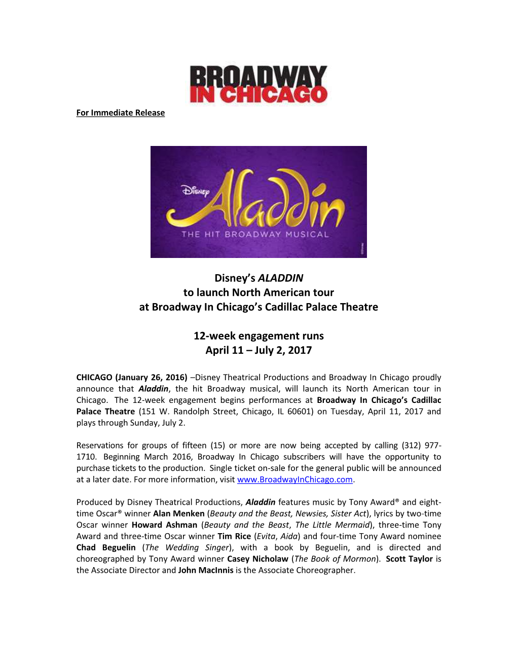 Disney's ALADDIN to Launch North American Tour at Broadway in Chicago's Cadillac Palace Theatre 12-Week Engagement Runs A