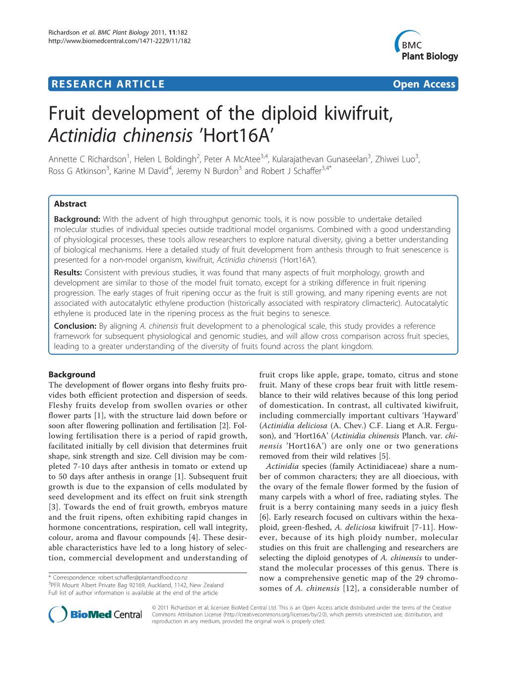 Fruit Development of the Diploid Kiwifruit, Actinidia Chinensis