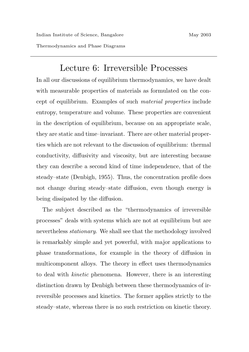 Lecture 6: Irreversible Processes