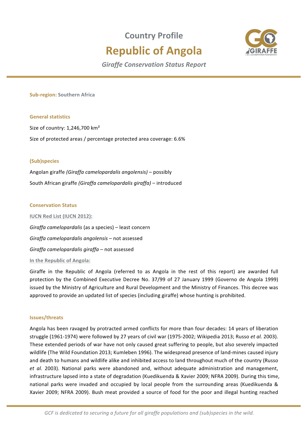 Country Profile Republic of Angola Giraffe Conservation Status Report