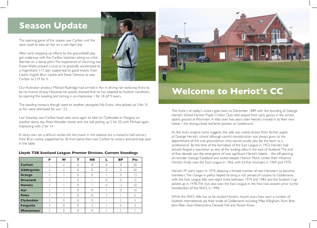 Welcome to Heriot's CC Season Update