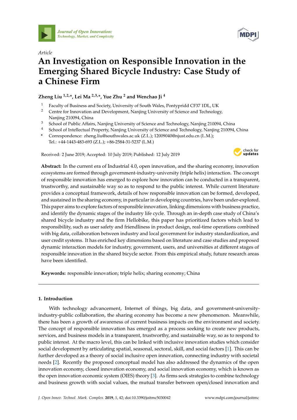 An Investigation on Responsible Innovation in the Emerging Shared Bicycle Industry: Case Study of a Chinese Firm