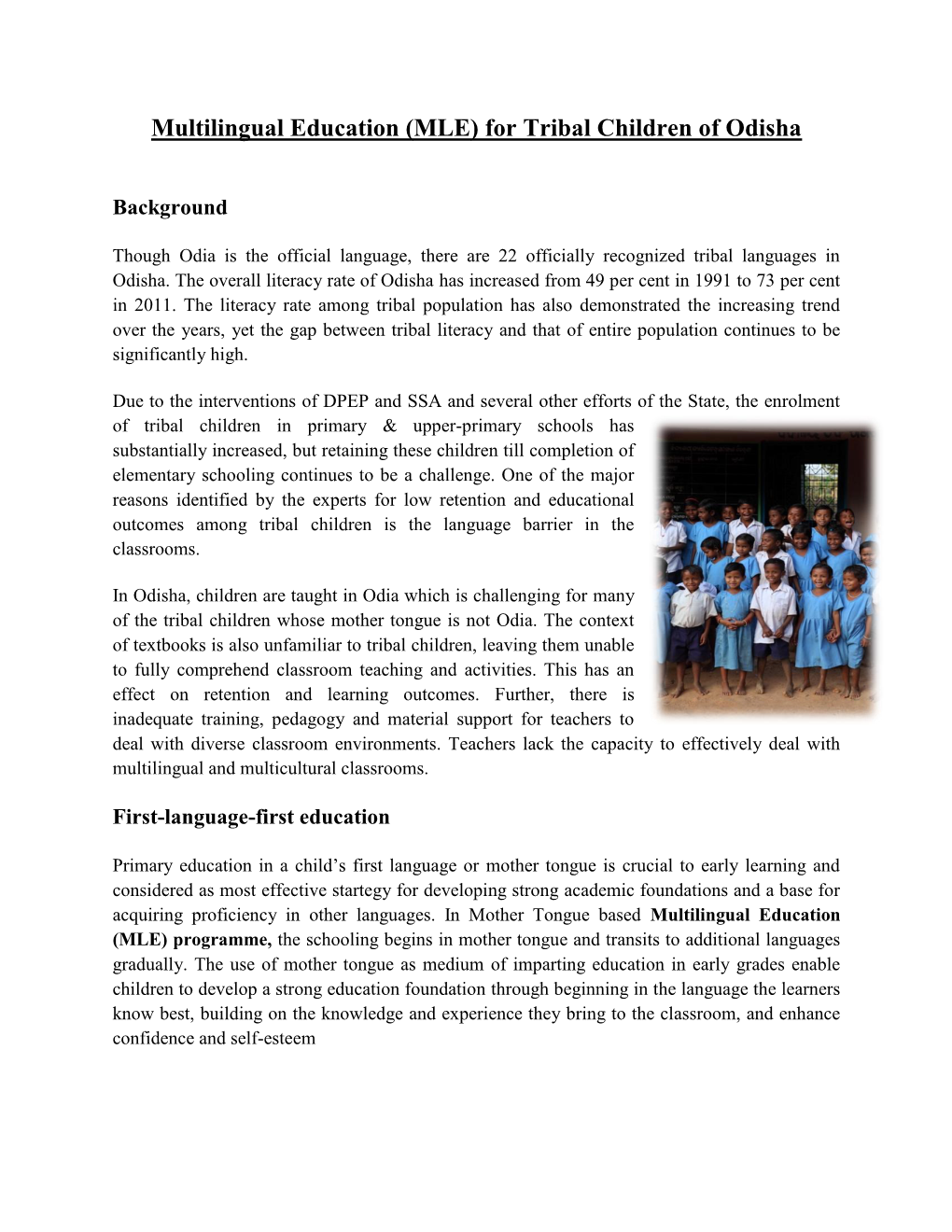 Multilingual Education (MLE) for Tribal Children of Odisha