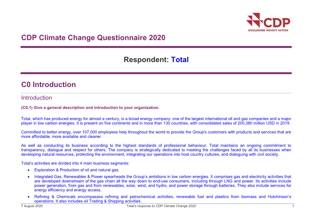 CDP Climate Change Questionnaire 2020 Respondent