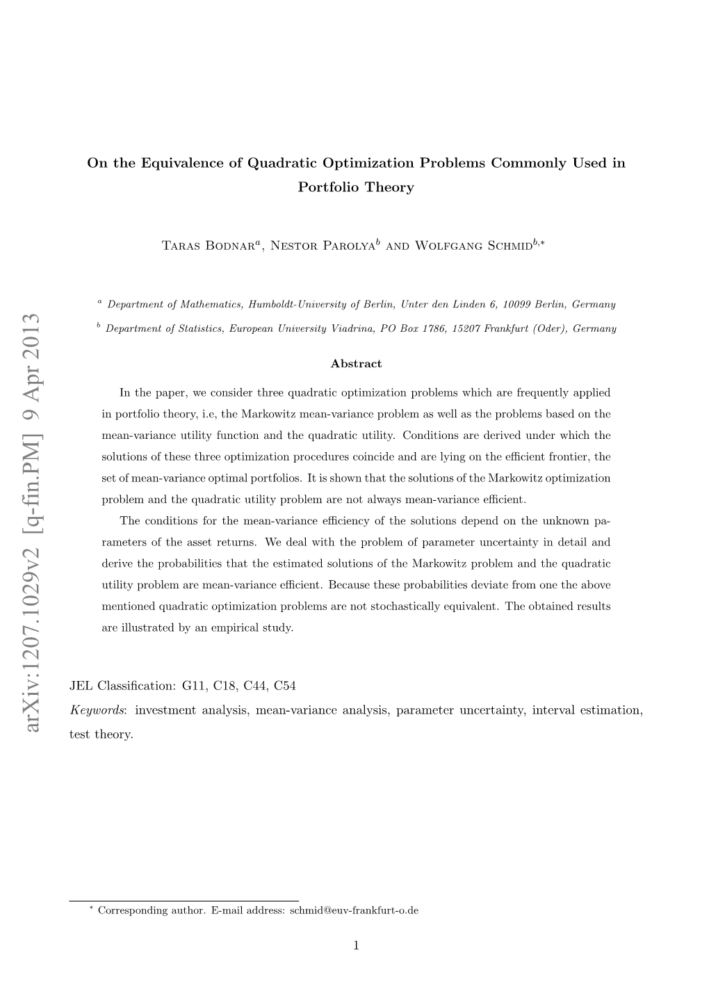 Arxiv:1207.1029V2 [Q-Fin.PM] 9 Apr 2013 Test Theory