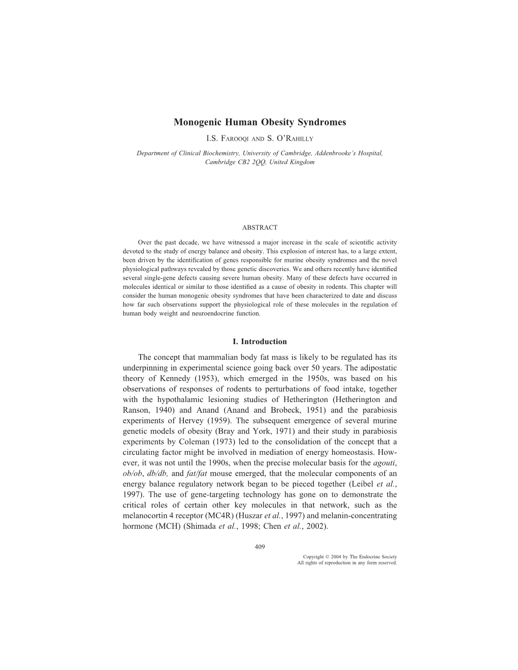 Monogenic Human Obesity Syndromes