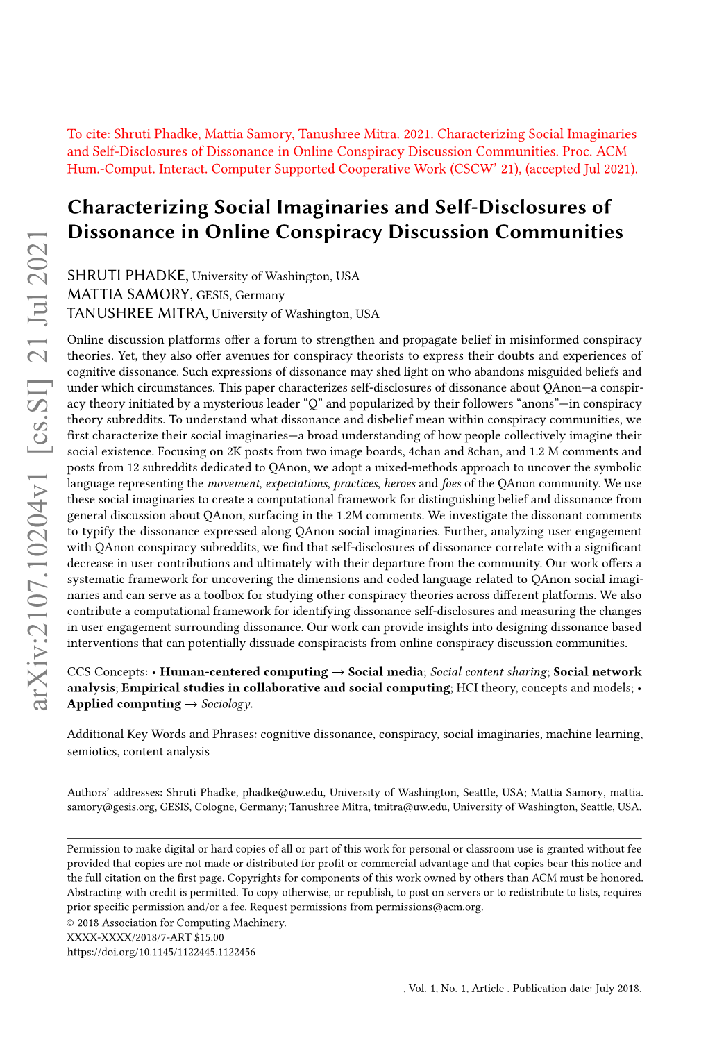 Characterizing Social Imaginaries and Self-Disclosures of Dissonance in Online Conspiracy Discussion Communities