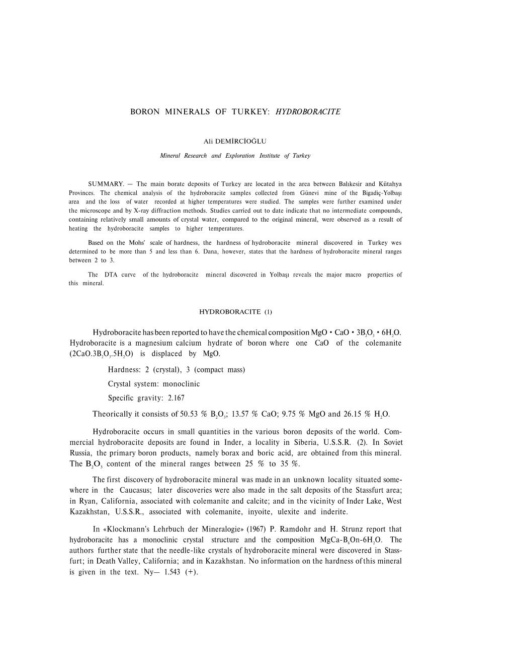 Boron Minerals of Turkey: Hydroboracite