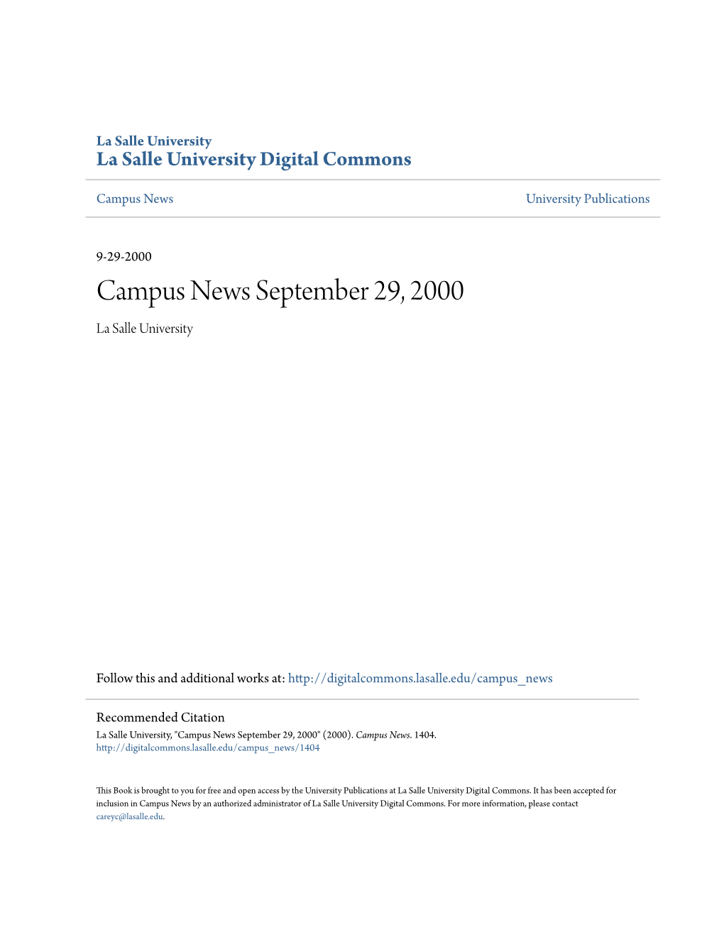 Campus News September 29, 2000 La Salle University