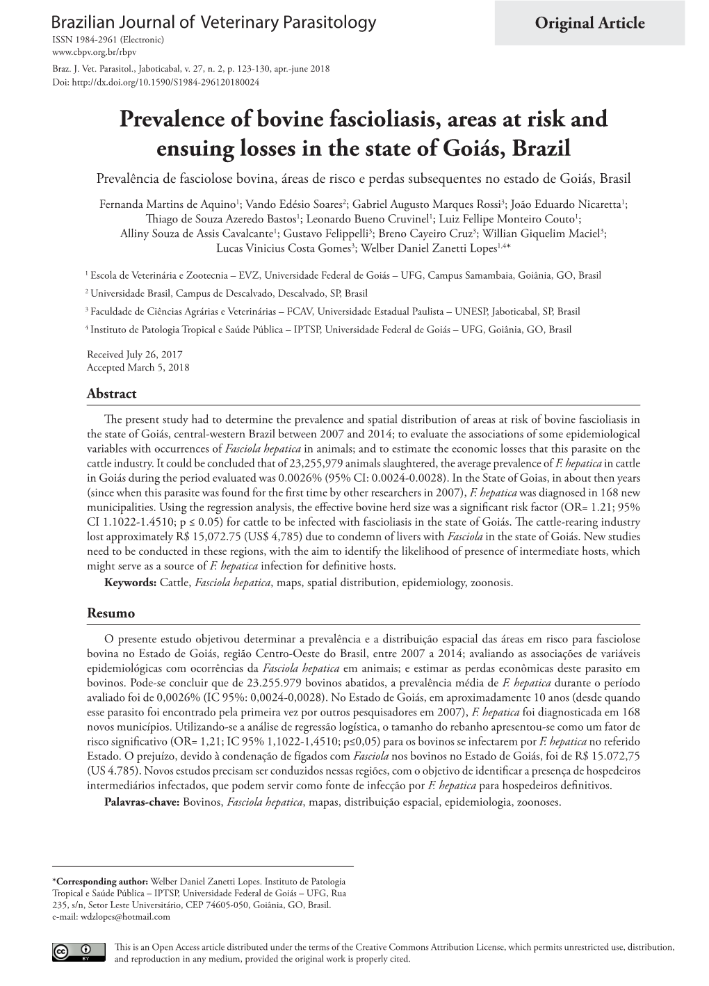 Prevalence of Bovine Fascioliasis, Areas at Risk and Ensuing