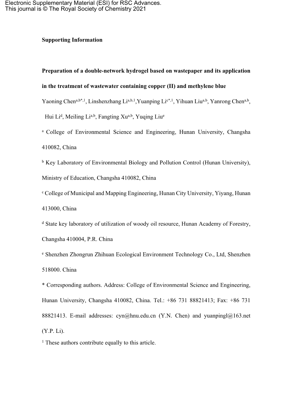 Supporting Information Preparation of a Double-Network Hydrogel Based on Wastepaper and Its Application in the Treatment of Wast