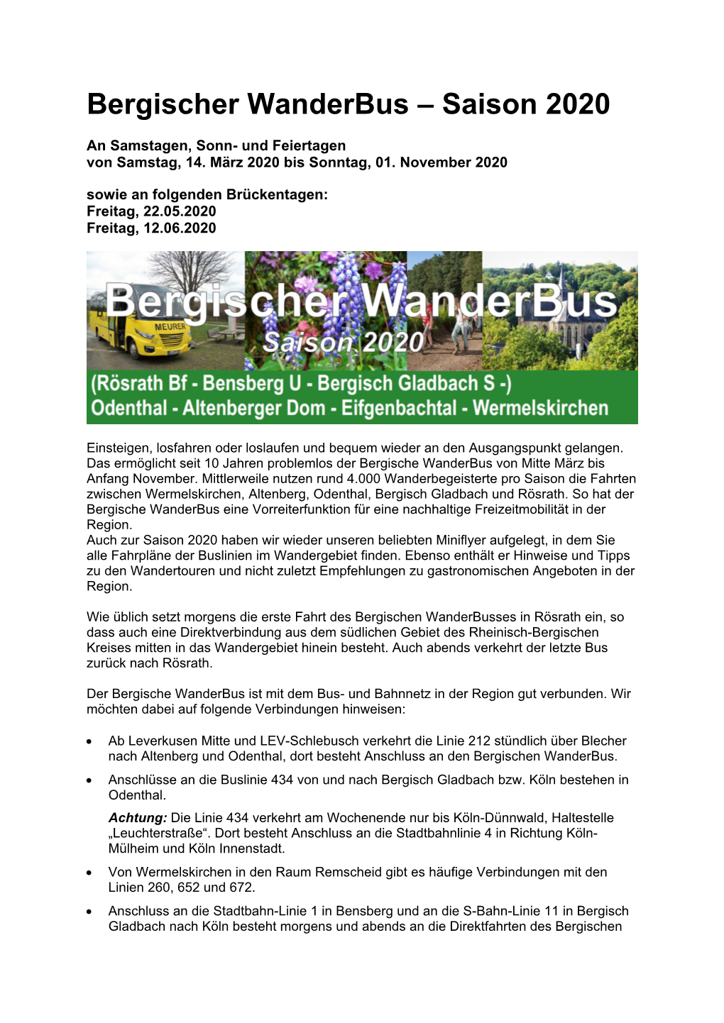 Bergischer Wanderbus – Saison 2020