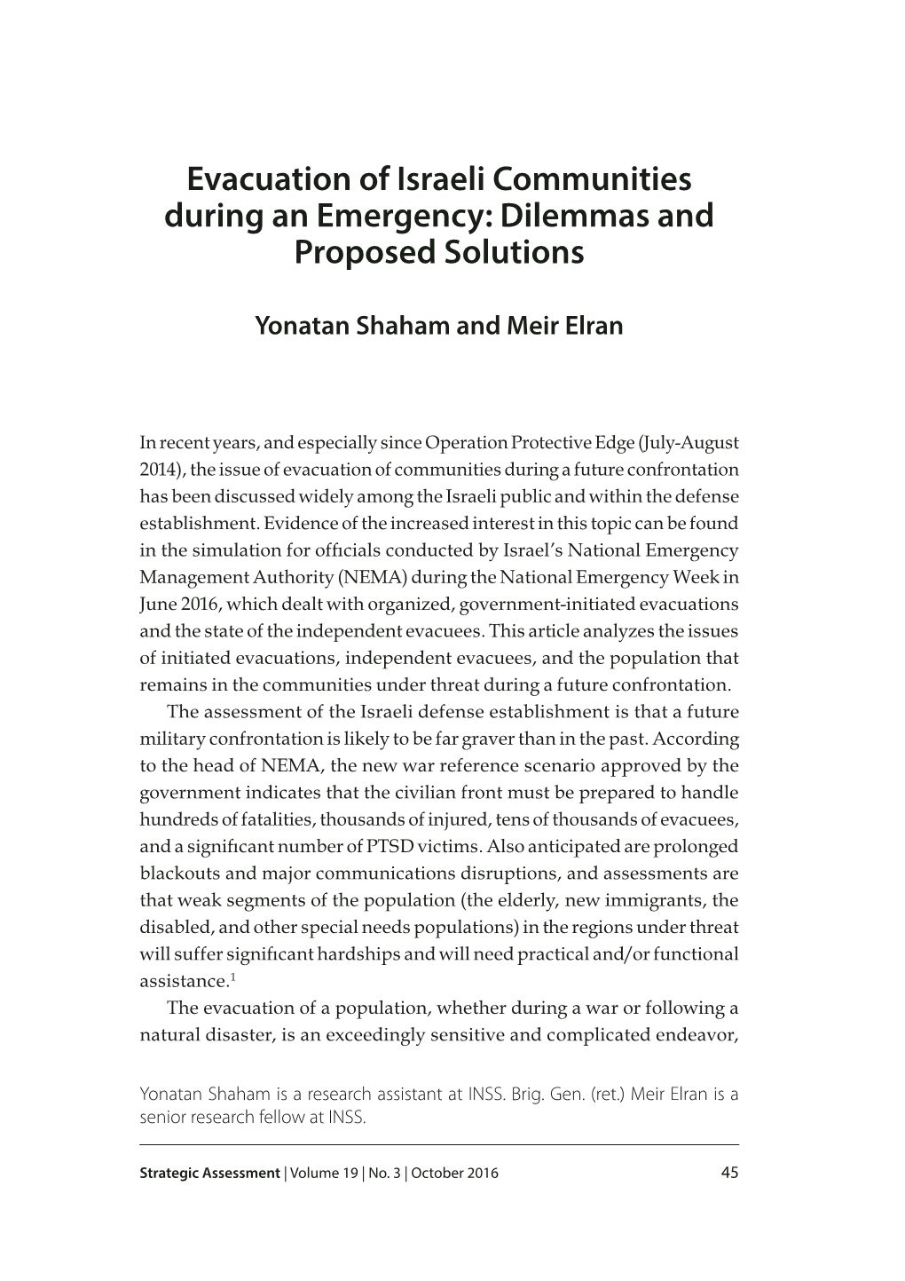 Evacuation of Israeli Communities During an Emergency: Dilemmas and Proposed Solutions