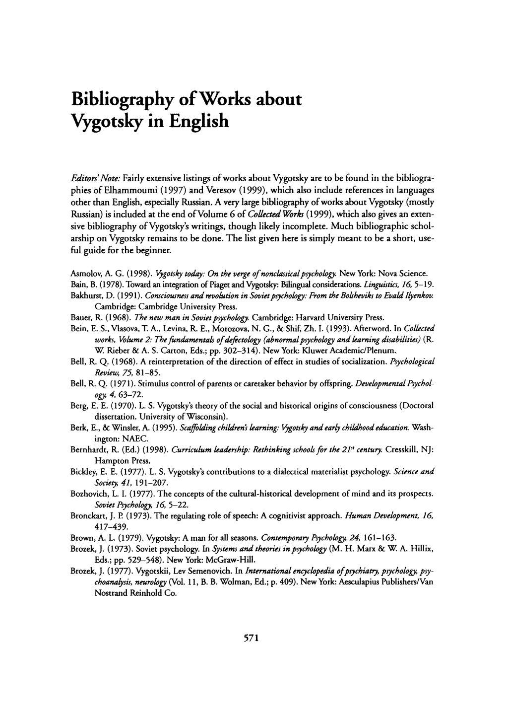 Bibliography of Works About Vygotsky in English