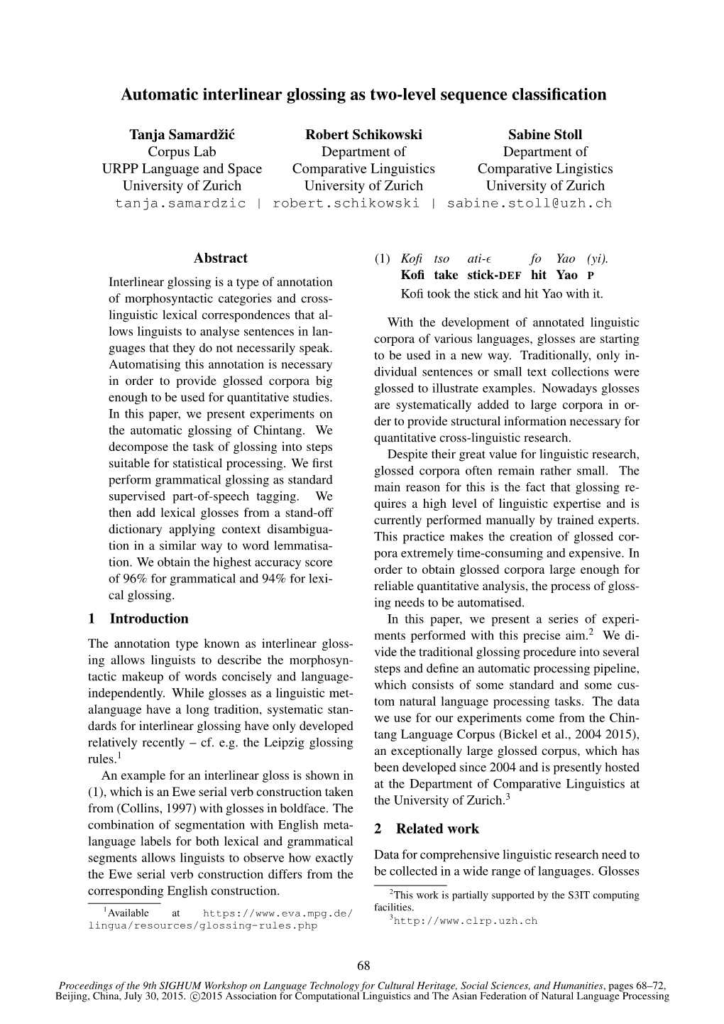 Automatic Interlinear Glossing As Two-Level Sequence Classification