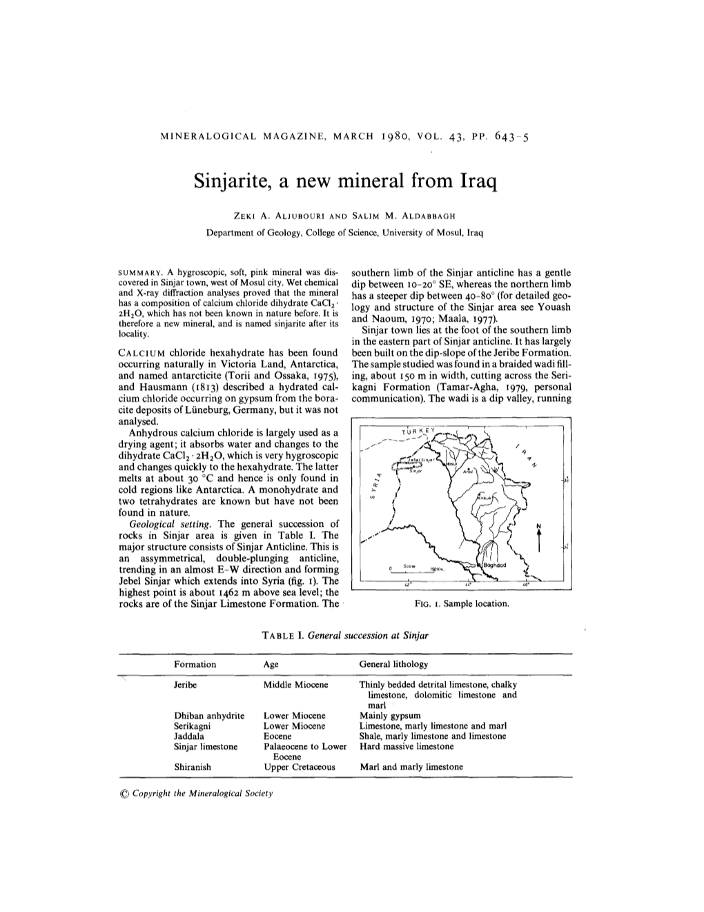 Sinjarite, a New Mineral from Iraq