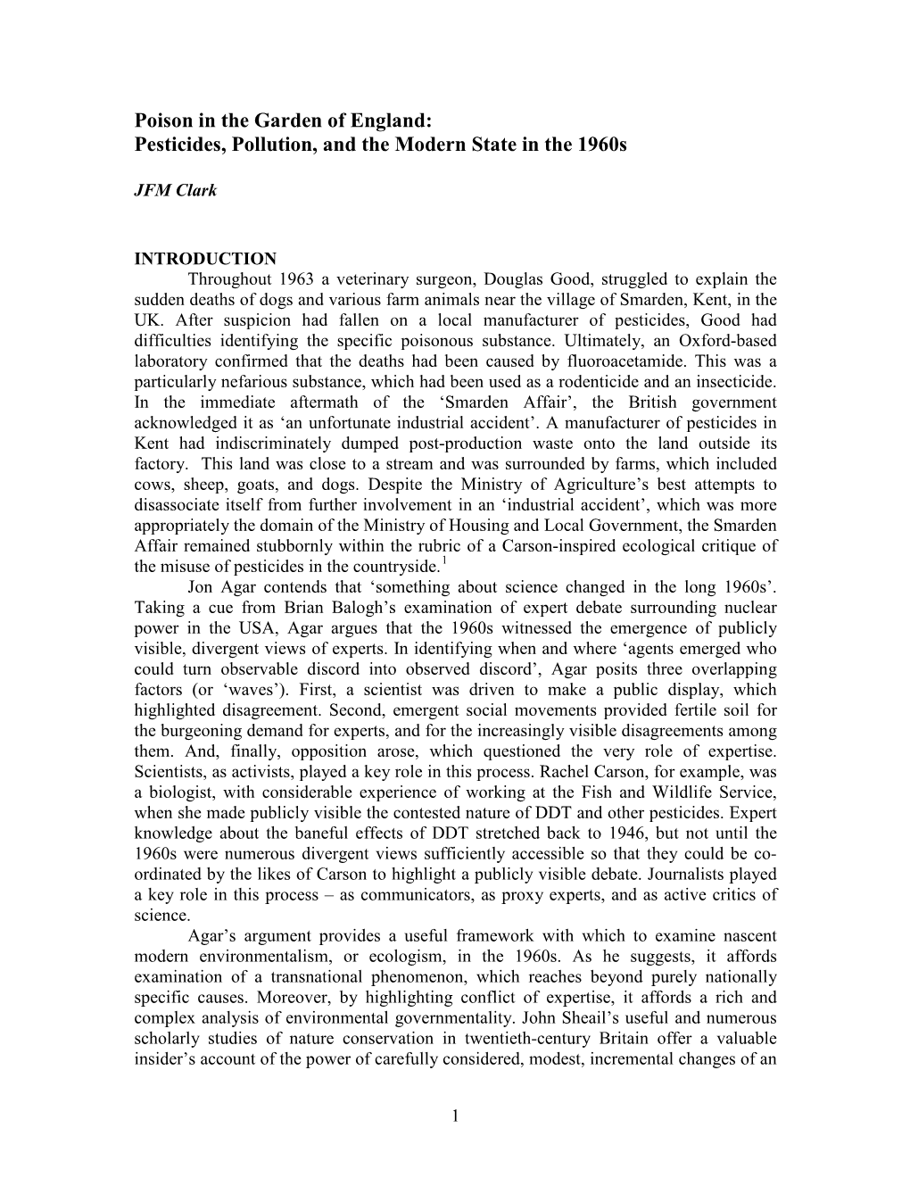 Poison in the Garden of England: Pesticides, Pollution, and the Modern State in the 1960S