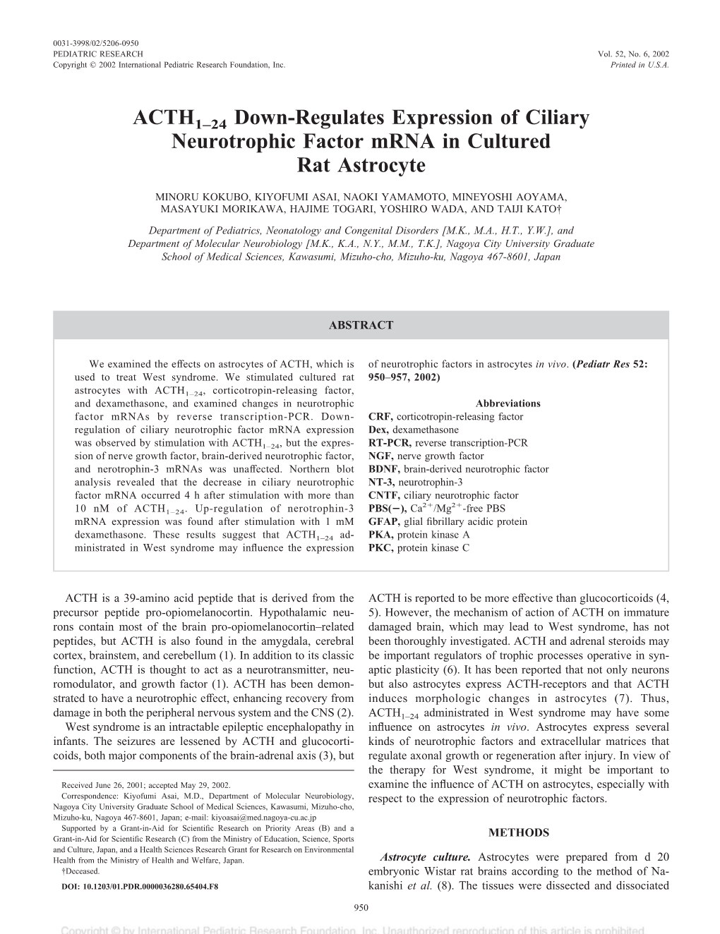 Down-Regulates Expression of Ciliary Neurotrophic Factor Mrna in Cultured Rat Astrocyte