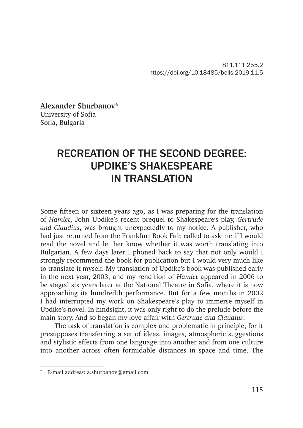 Recreation of the Second Degree: Updike's Shakespeare in Translation