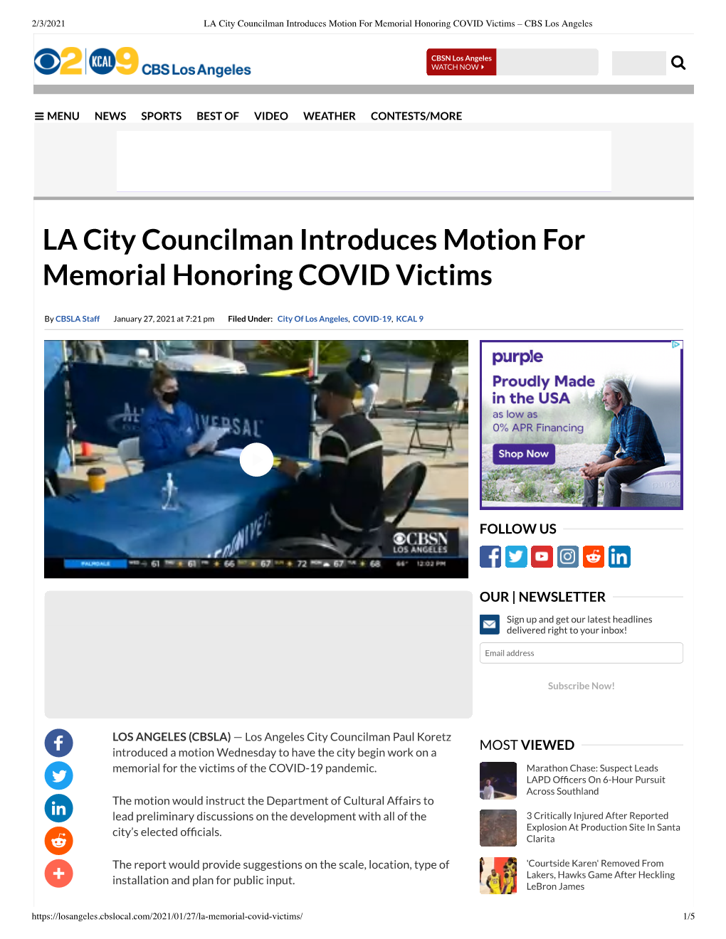 LA City Councilman Introduces Motion for Memorial Honoring COVID Victims – CBS Los Angeles
