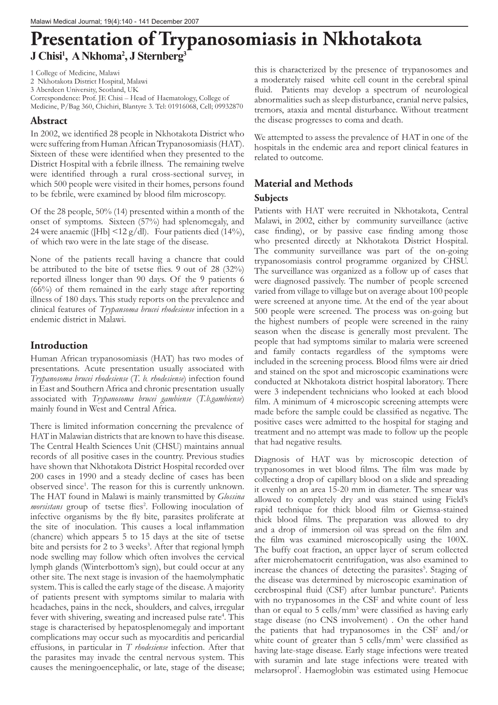 Presentation of Trypanosomiasis in Nkhotakota