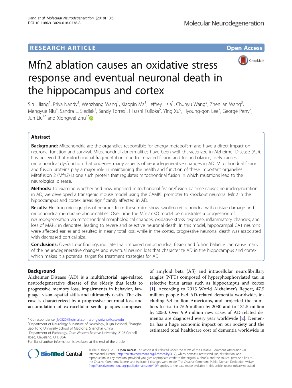 Mfn2 Ablation Causes an Oxidative Stress Response and Eventual