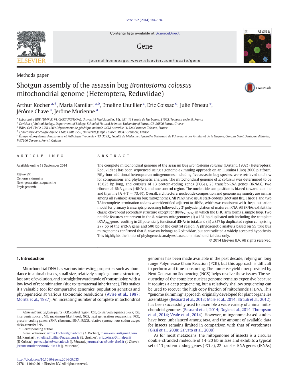 Shotgun Assembly of the Assassin Bug Brontostoma Colossus Mitochondrial Genome (Heteroptera, Reduviidae)