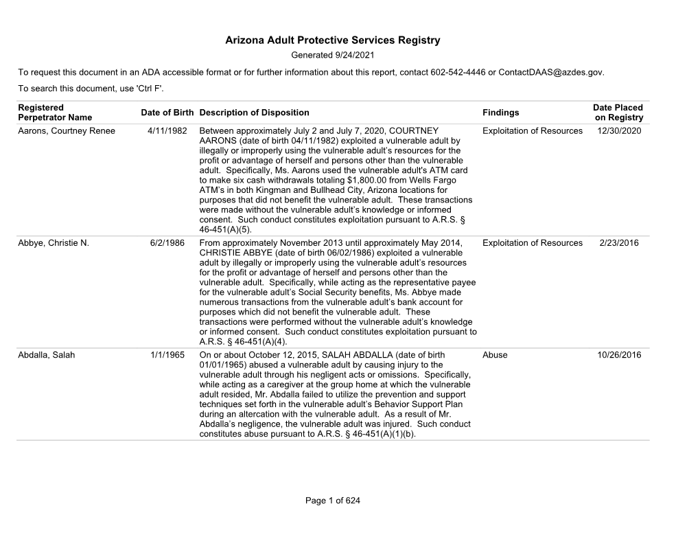 Arizona Adult Protective Services Registry