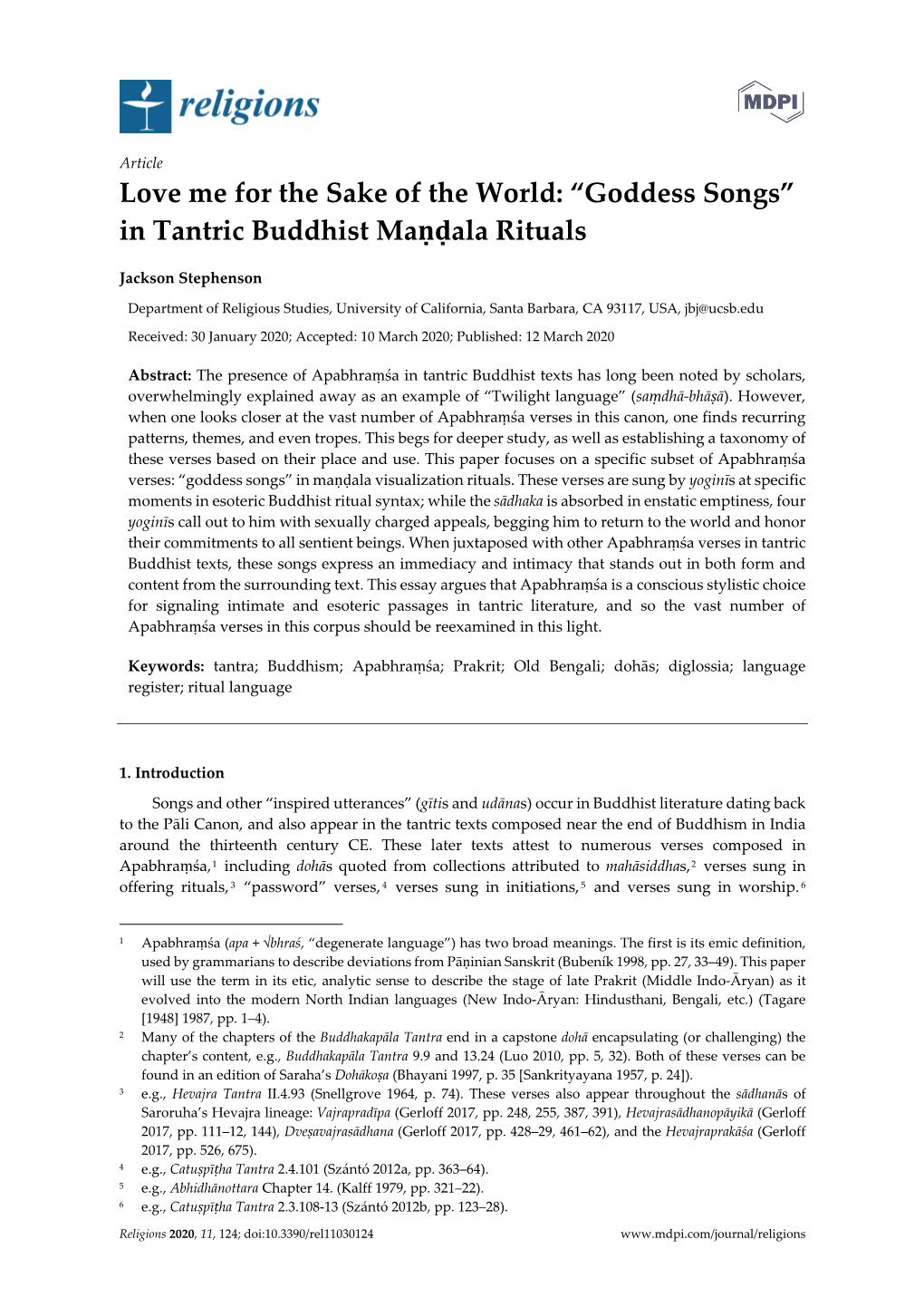 Love Me for the Sake of the World: “Goddess Songs” in Tantric Buddhist Maṇḍala Rituals