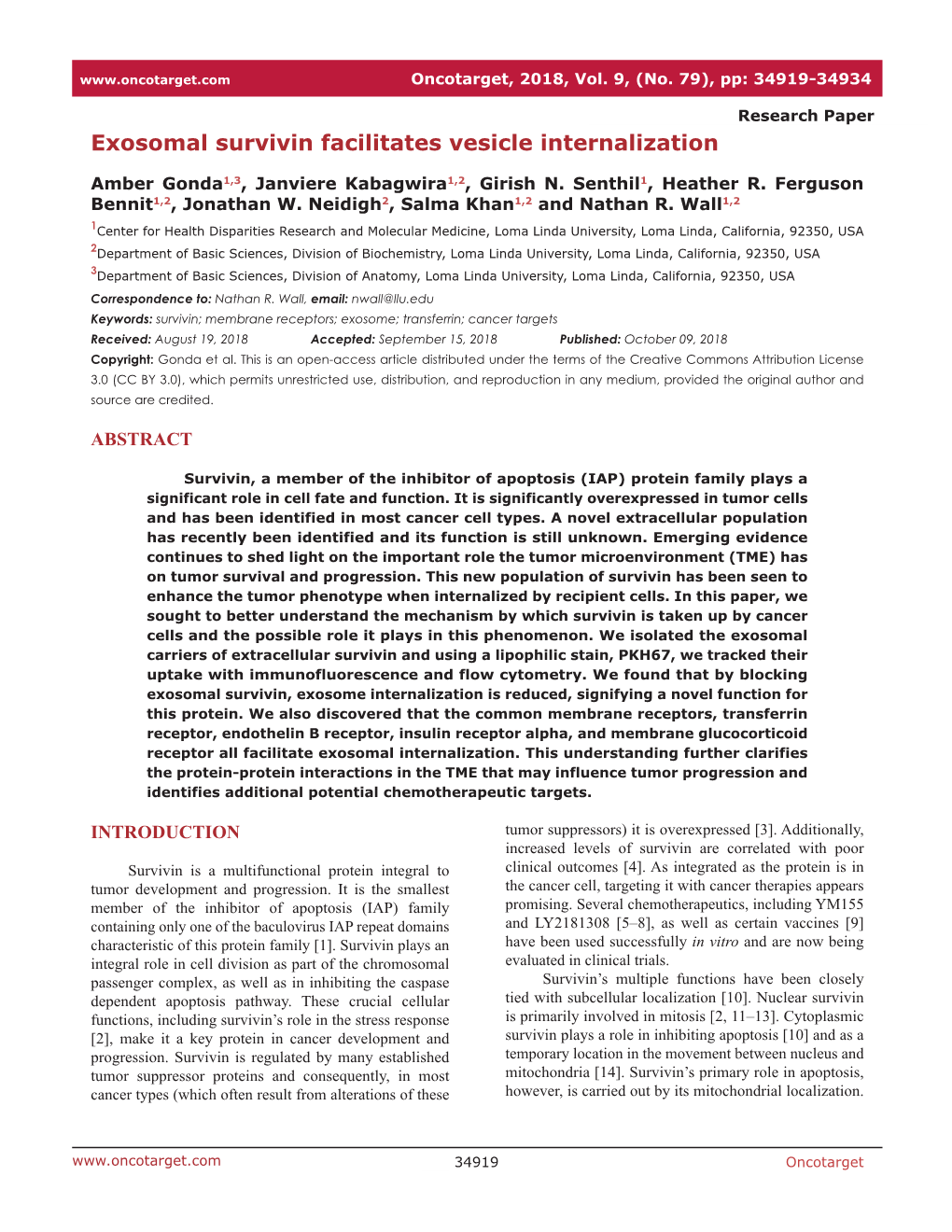 Exosomal Survivin Facilitates Vesicle Internalization