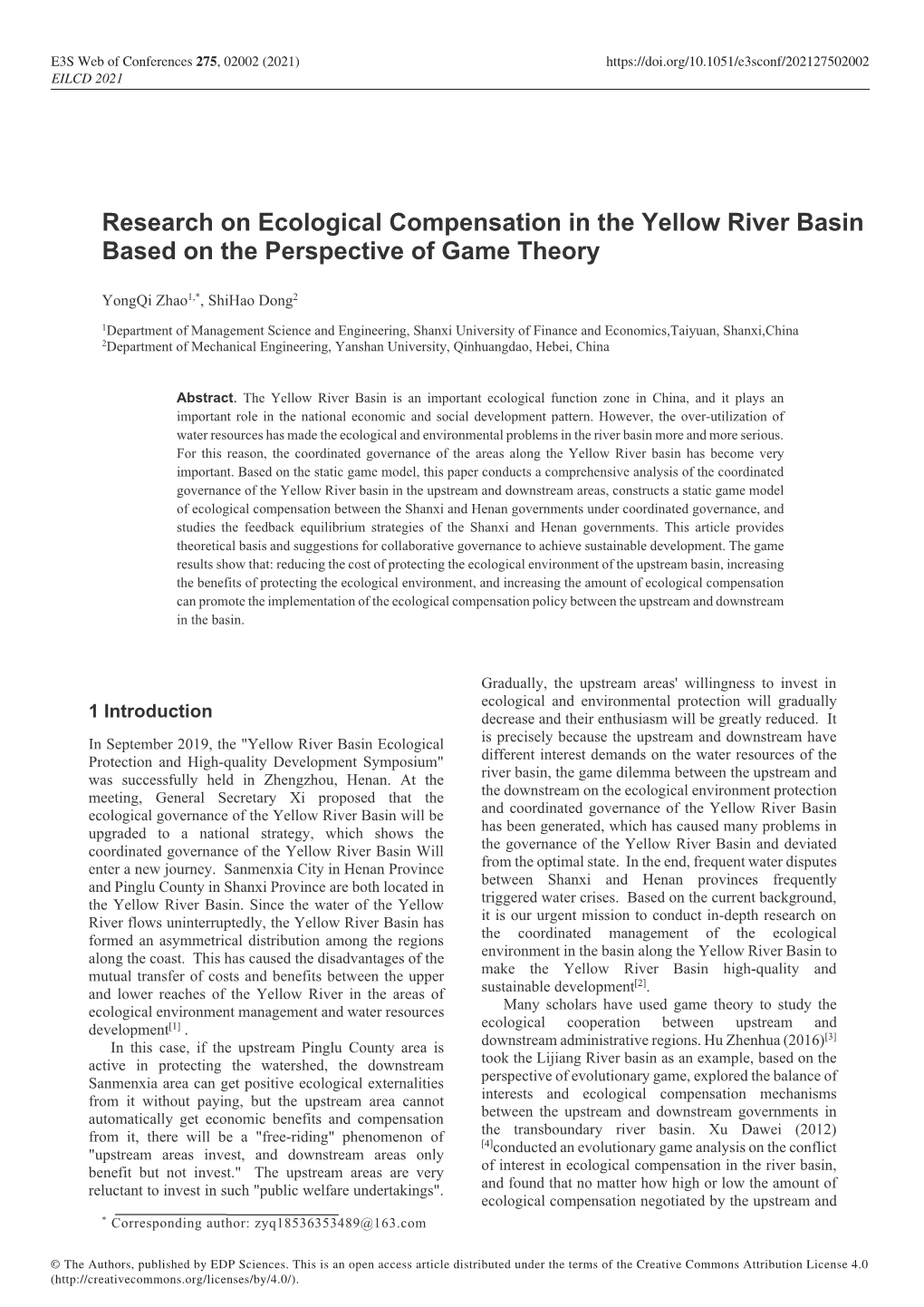 Research on Ecological Compensation in the Yellow River Basin Based on the Perspective of Game Theory