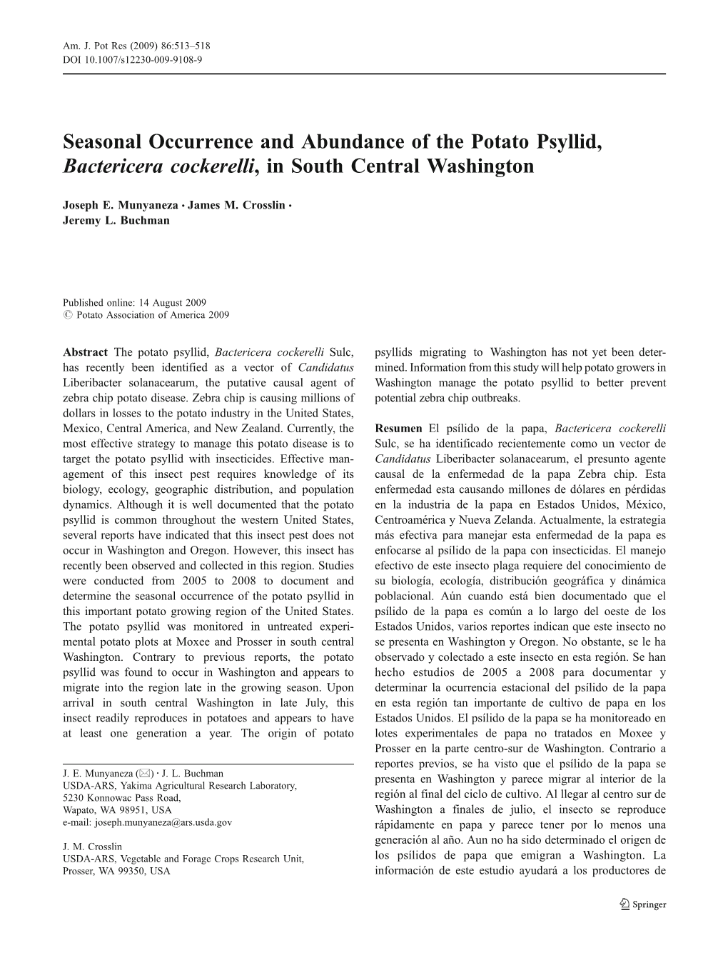 Seasonal Occurrence and Abundance of the Potato Psyllid, Bactericera Cockerelli, in South Central Washington