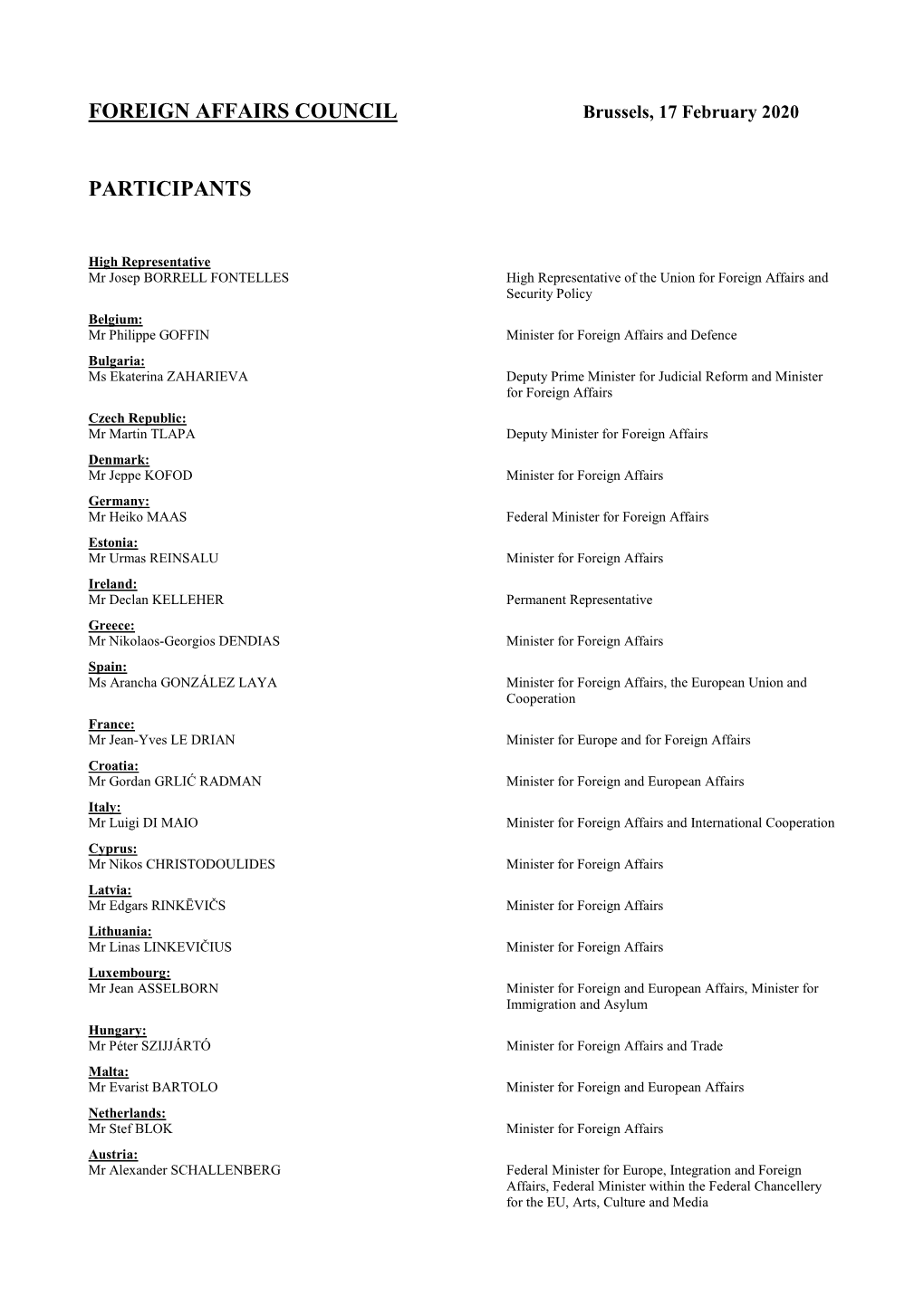 List of Participants, Foreign Affairs Council, 17 February 2020