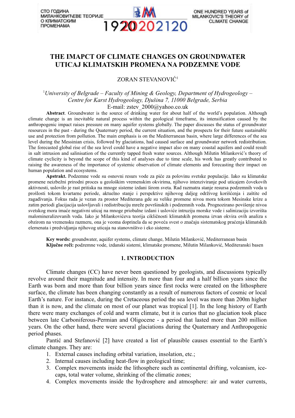 The Imapct of Climate Changes on Groundwater Uticaj Klimatskih Promena Na Podzemne Vode