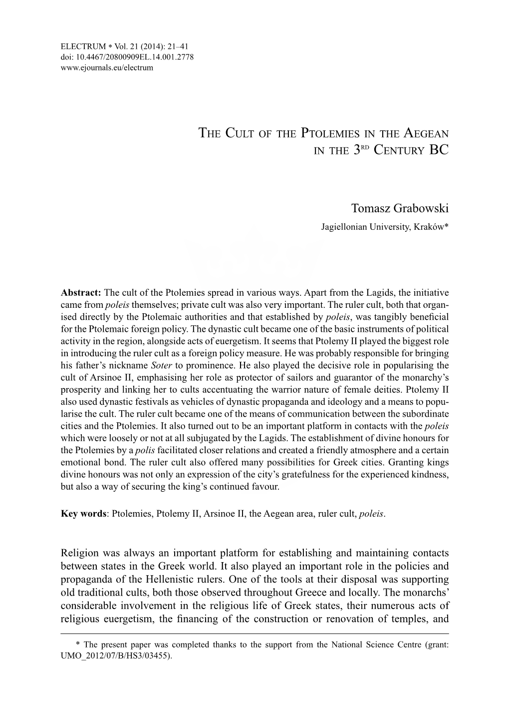 The Cult of the Ptolemies in the Aegean in the 3Rd Century Bc