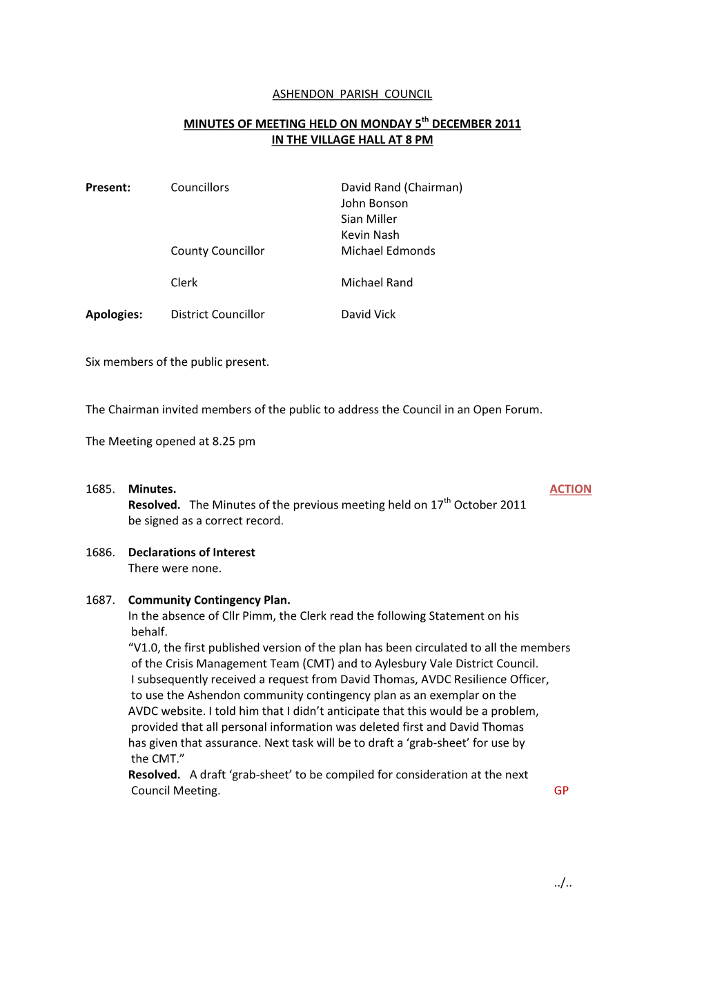 Ashendon Parish Council Minutes of Meeting 5Th December 2011