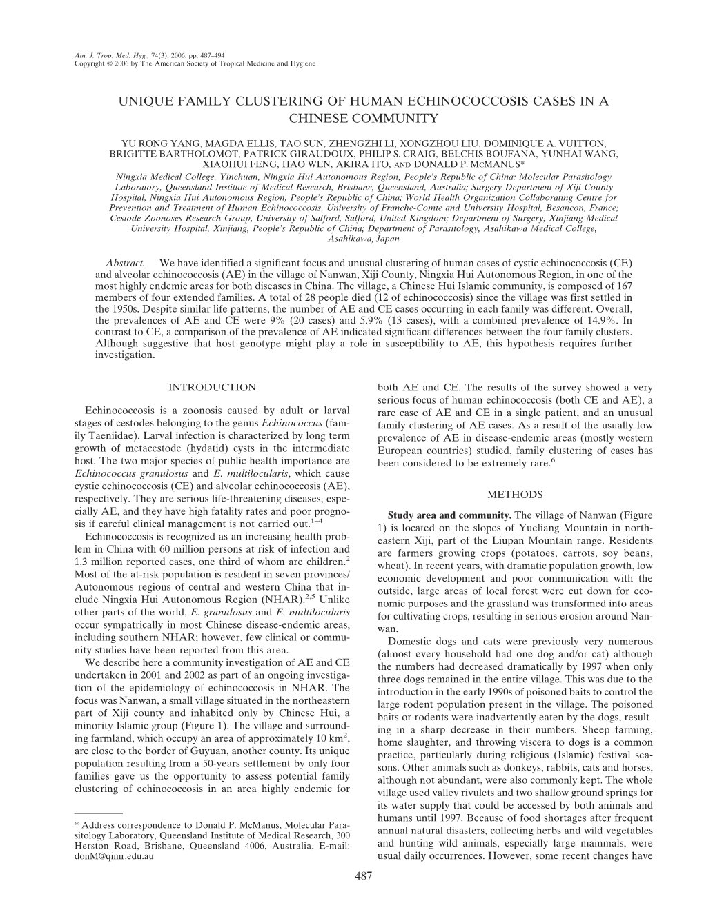 Unique Family Clustering of Human Echinococcosis Cases in a Chinese Community