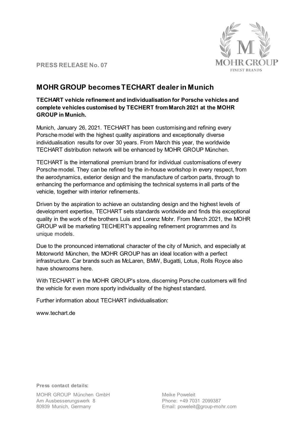 MOHR GROUP Becomes TECHART Dealer in Munich