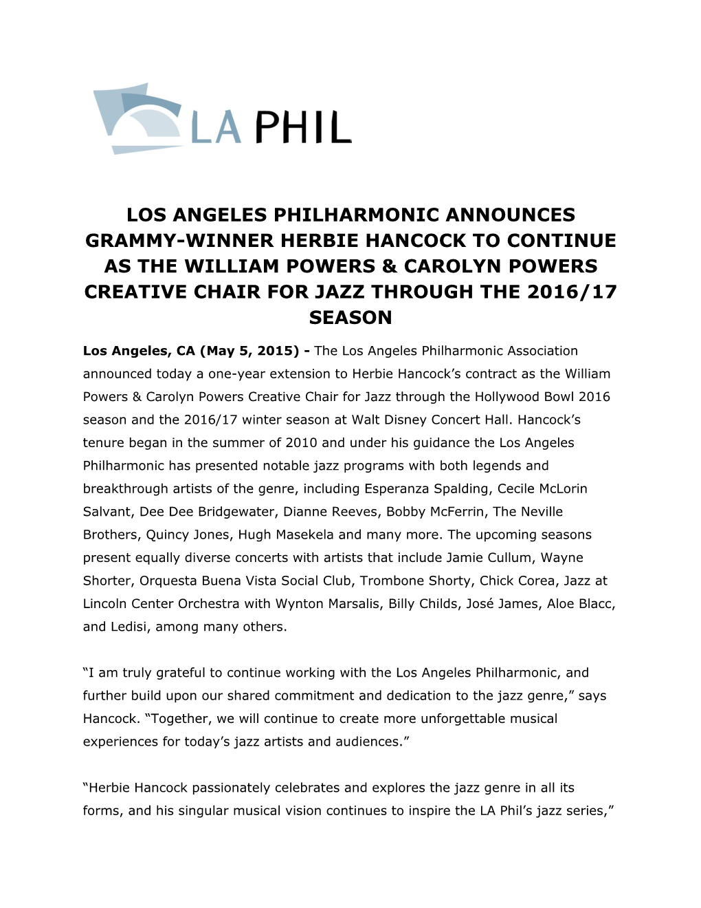 Los Angeles Philharmonic Announces Grammy-Winner Herbie Hancock to Continue As the William Powers & Carolyn Powers Creative