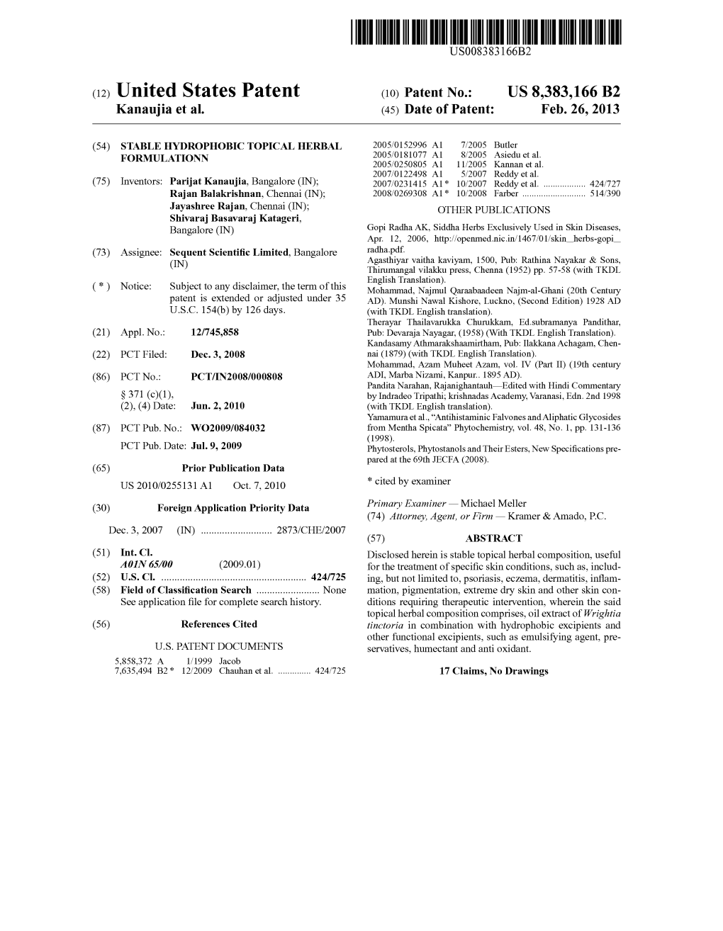 (12) United States Patent (10) Patent No.: US 8,383,166 B2 Kanaujia Et Al