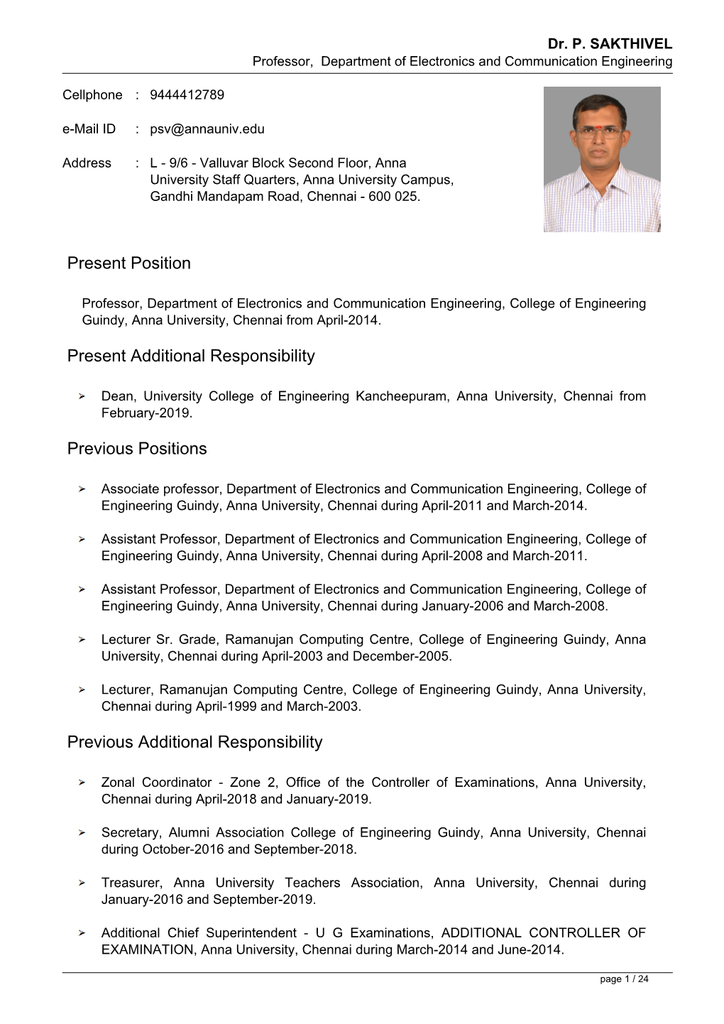 Dr. P. SAKTHIVEL Professor, Department of Electronics and Communication Engineering